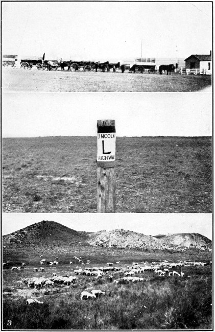 1. Prairie Schooners, Westward Bound. 2. Lincoln Highway Sign in the Desert. 3. Sheep in the Wyoming Desert.