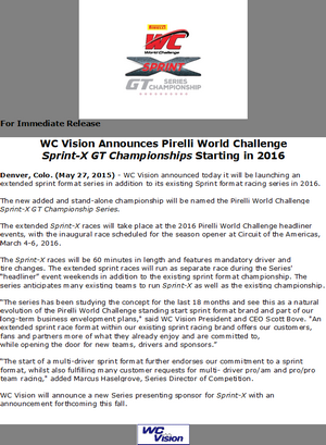 WC Vision Announces Pirelli World Challenge Sprint-X GT Championships Starting in 2016