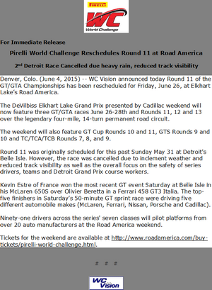 Pirelli World Challenge Reschedules Round 11 at Road America