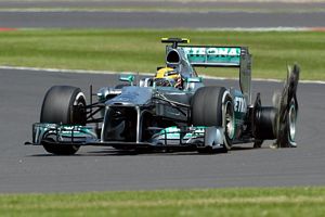 Lewis Hamilton with exploded left rear Pirelli