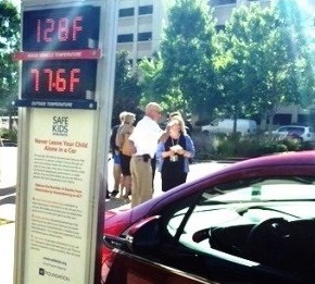 Demonstration shows temperature inside the vehicle at 128 degrees while it was only 77.6 degrees outside at the heatstroke prevention news event on July 31, 2015.