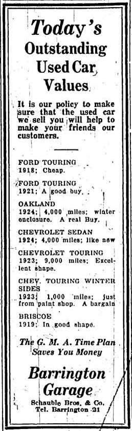1925 Barrington Garage Advertisement