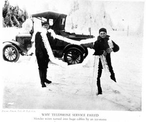 Telephone Linesmen, ice-covered wires, and car