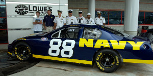Dale Earnhardt Jr. with Mark McFarland and a mock-up of the Navy #88