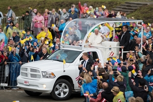Pope Francis on his Ram 1500 Popemobile