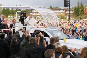 Pope Francis on his Ram 1500 Popemobile