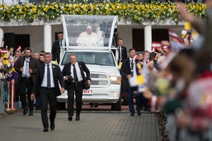 Pope Francis on his Ram 1500 Popemobile