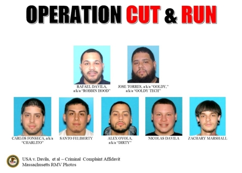 Org. Chart of theft crew showing RMV photos of defendants. Text reads: Operation Cut & Run