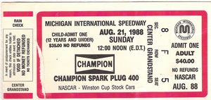 1988 NASCAR Champion Spark Plug 400 Ticket