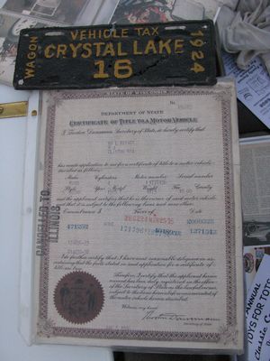 1924 Crystal Lake Wagon Tax Plate & Illinois Certificate of Title