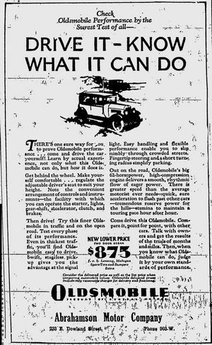 Abrahamson Motor Company 1929 Oldsmobile Ad